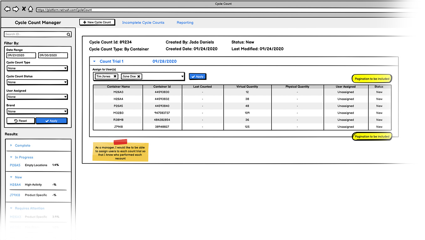 Netrush Cycle Count app wireframe